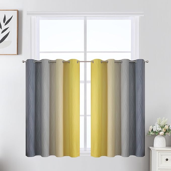 Estelar Textiler Grey and Yellow Ombre Short Blackout Curtains 36 Inch Long, Thermal Insulated Grommet Small Half Window Drapes for Cafe/Basement/RV Camper/Kitchen, 52Wx36L, 2 Panels