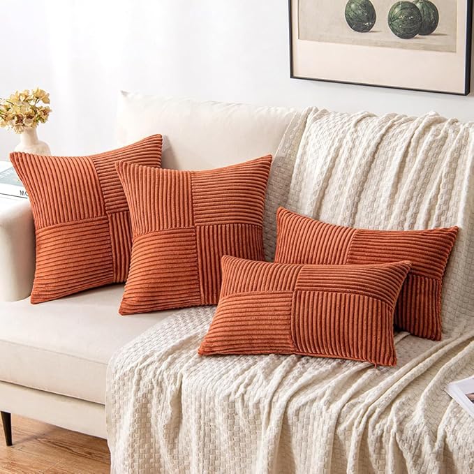 MIULEE Rust Decorative Throw Pillow Covers 16x16 Inch for Couch Bed Sofa Pack of 2 Boho Farmhouse Throw Pillows Soft Cross Corduroy Patchwork Textured Cushion Cases