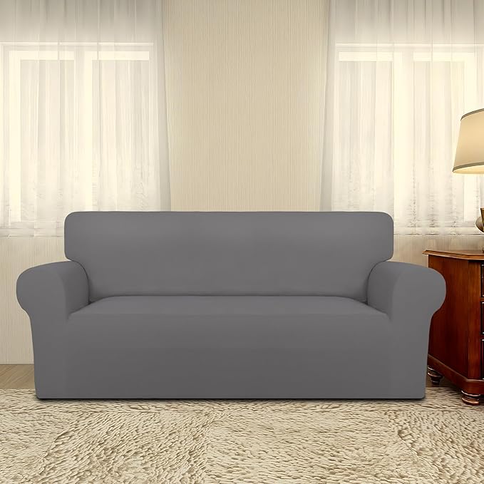 PureFit Super Stretch Sofa Slipcover – Spandex Non Slip Soft Couch Sofa Cover, Washable Furniture Protector with Non Skid Foam and Elastic Bottom for Kids, Pets (Oversized Loveseat, Light Gray)