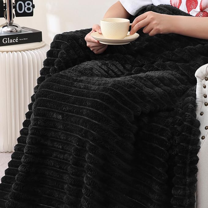 Black Fleece Throw Blanket 108”×90” for Couch Sofa Bed,Super Soft Cozy Plush Microfiber Flannel Blanket with Stripes Design Lightweight for Adults,Woman,Girls