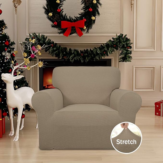 Easy-Going Stretch Chair Sofa Slipcover 1-Piece Couch Sofa Cover Furniture Protector Soft with Elastic Bottom for Kids, Pet. Spandex Jacquard Fabric Small Checks (Chair, Natural)