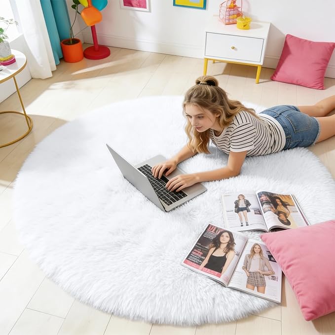 OLANLY White Round Rugs for Bedroom - Machine Washable, 4 ft Circle Area Rugs for Living Room, Soft and Fluffy Shaggy Carpet for Teen Girls and Boys, Nursery Rooms, Dorms, Home Decor Aesthetic