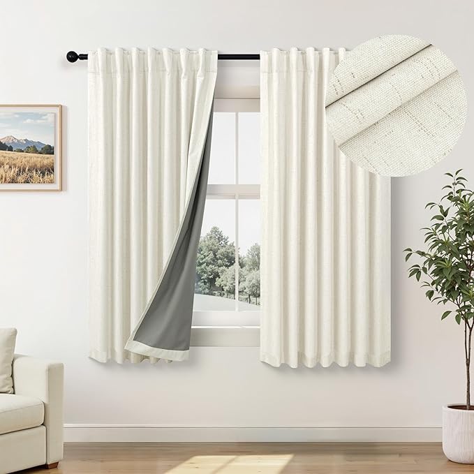 Pitalk Cream Blackout Curtains and Drapes 48 Inch Long Faux Linen Privacy RV Draperies for Small Windows Thermal Insulated Light Blocking Curtain for Kitchen Cafe Basement 52x48 Length Back Tab Pocket