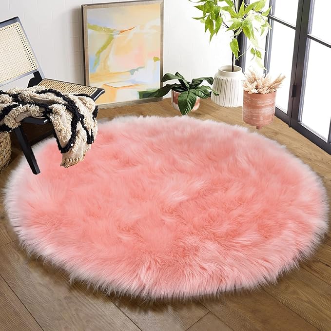 ORINOVA Pink Washable Fluffy Circle Rugs for Bedroom Small Faux Sheepskin Shag Fur Round Rugs 4ft Nursery Rug Cute Room