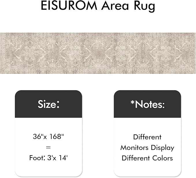 Washable 3x14 Runner Rug - Non-Slip Vintage Runner Rug for Entryway Low-Pile Medallion Long Rugs for Hallway Waterproof Traditional Runner Rugs Indoor Thin Rug for Kitchen (Beige)