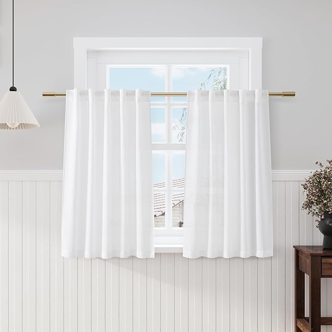 Nanspring White Curtains 45 Inch Long,2 Panel for Cafe Back Tab Pocket Semi Sheer Short Linen Narrow Mini Curtain Tiers for Kitchen Doors, Bedroom, Small Window Basement 36x45