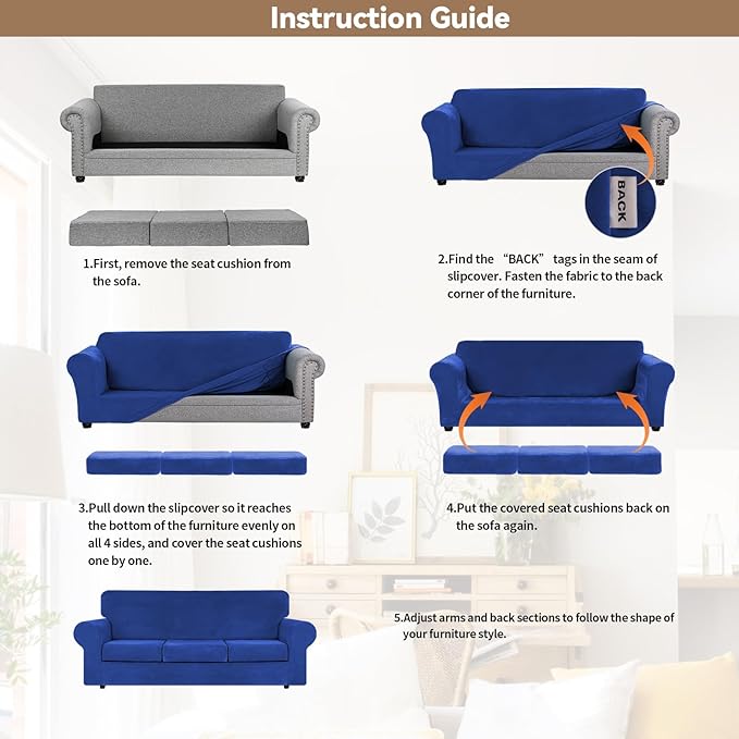 WEERRW 4 Pieces High Stretch Couch Covers for 3 Cushion Couch Sofa Slipcovers, Washable Furniture Protector with Non Slip Elastic Bottom, Feature Soft and Thick Plush Fabric, Royal Blue, Large