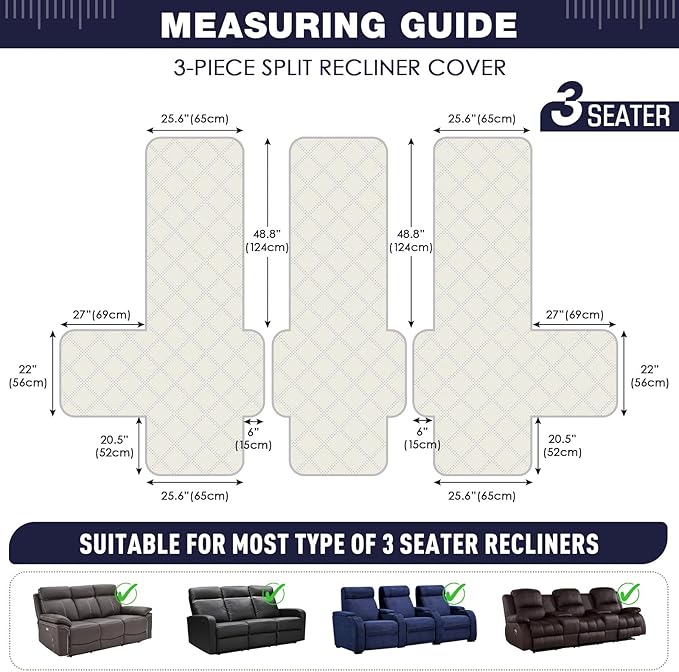 TAOCOCO 100% Waterproof Recliner Sofa Covers 3 Seater, Split Couch Covers for Reclining Couches for Kids Pets, Non Slip Reclining Couch Covers Furniture Protector with Straps(3 Seater, Navy Blue)