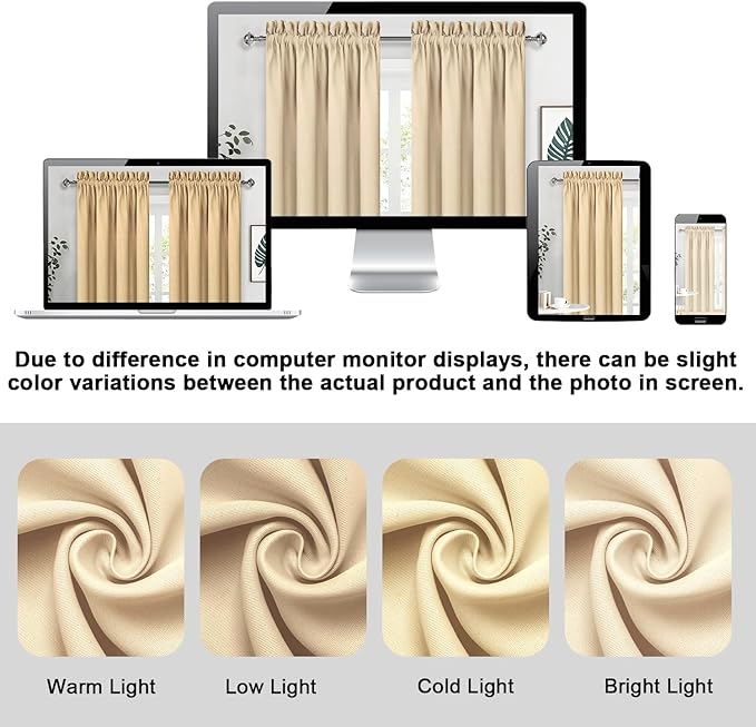 DWCN Beige Room Darkening Curtains for Kitchen/Bedroom, 60 x 36 inches Long - Energy Saving Window Drapes for Nursery with Rod Pocket, Set of 2 Panels