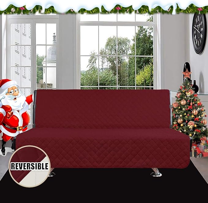 Easy-Going Futon Sofa Slipcover Reversible Sofa Cover Armless Cover Furniture Protector Couch Cover Water Resistant Pets, Kids, Children, Dog, Cat Christmas Red/Ivory