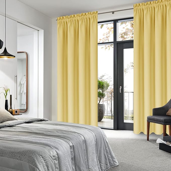 DWCN Blackout Curtains for Bedroom – Rod Pocket Thermal Insulated Noise Reducing Noise Reducing Drapes for Living Room, W 42 x L 84 Inch, 2 Panels, Light Yellow