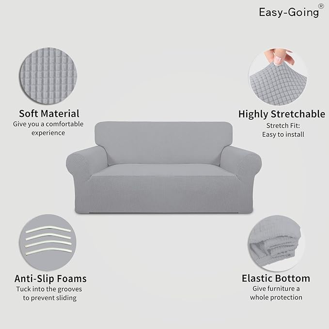 Easy-Going Stretch Oversized Loveseat Slipcover 1-Piece Sofa Cover Furniture Protector Couch Soft with Elastic Bottom for Kids Polyester Spandex Jacquard Fabric Small Checks Silver Gray