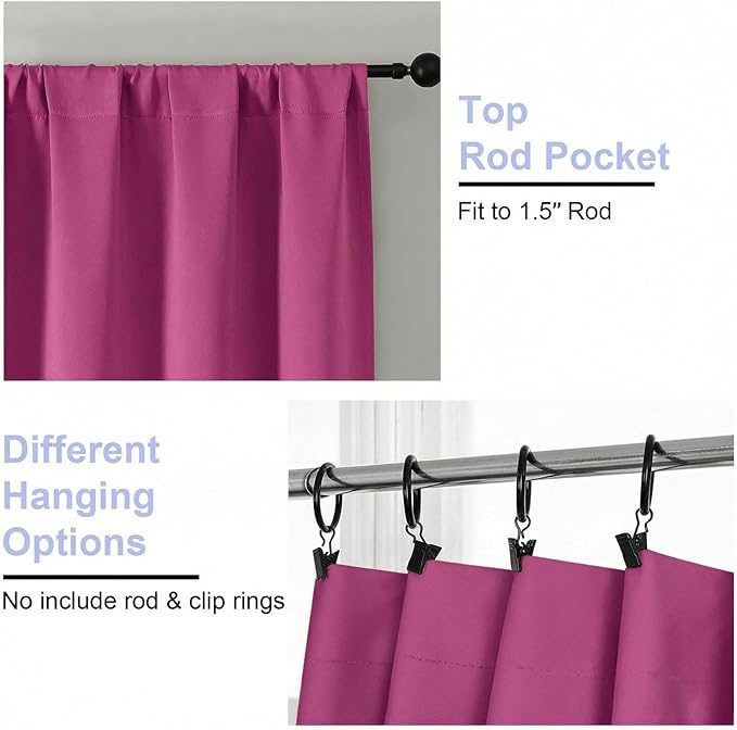 Simplebrand Ava Hot Pink Blackout Curtains for Bedroom 63 Inch Length 2 Panels Set, Privacy Thermal Insulated Rod Pocket Door Window Curtains for Patio French Door Front Door, W40 x L63 Inch