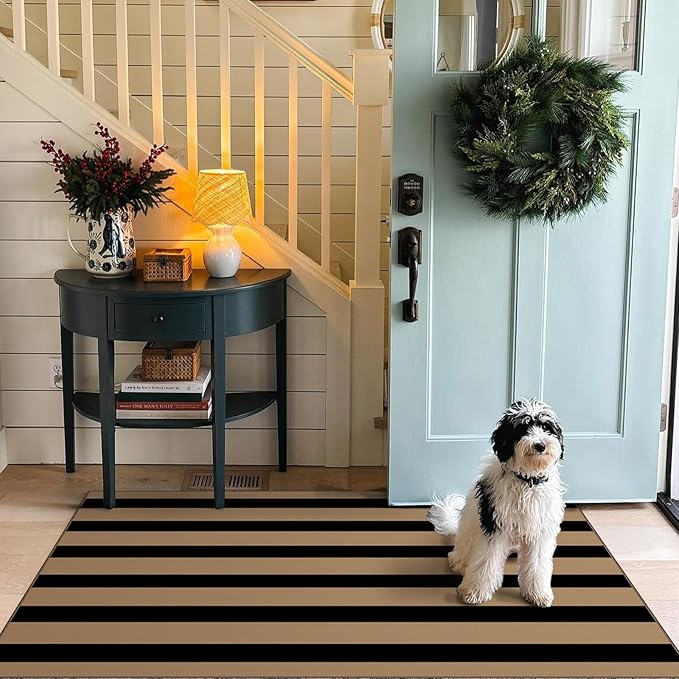 Black Tan Striped Entry Rug - 3x5 Ft Washable Indoor Outdoor Front Door Mat Outside Entrance Front Porch Mat Non-Slip Floor Carpet for Living Room Bedroom Entryway Kitchen Office Porch Decor