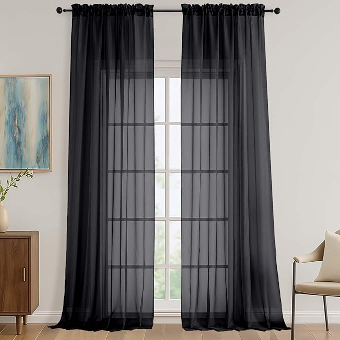 OVZME Black Sheer Curtains 120 Inches Long 2 Panels Set, 59 Inch Extra Wide Soft Airy Lightweight Sheer Curtains for Living Room, Farmhouse Voile Filmy Rod Pocket Drapes, 59Wx120L Inches
