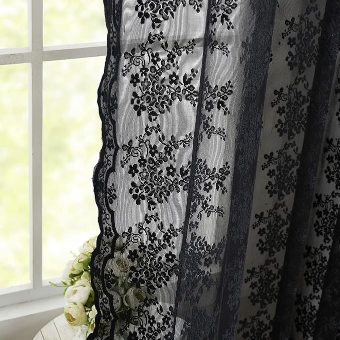 YJ YANJUN Vintage Lace Curtains 108 Inches Long- Victorian Floral Pattern Black Sheer Curtain Panels for Living Room Bedroom,Light Filtering, Gothic Witchy Halloween Drapes 2 Panels 52W x 108L
