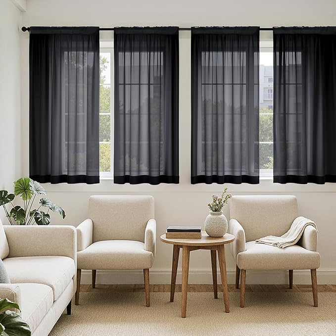 MIULEE Black Sheer Curtains 63 Inches Long, 4 Panels Set, Light Filtering Halloween Rod Pocket Voile Drapes for Living Room and Bedroom, Airy Soft Fabric Window Treatments, 42 x 63 Inches