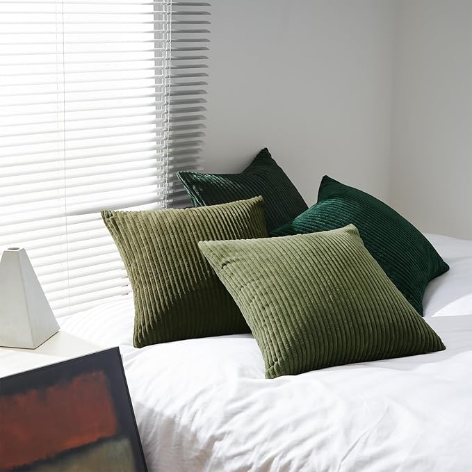 Topfinel Dark Green Euro Shams Decorative Throw Pillow Covers 22x22 Inch Set of 4,Soft Corduroy Striped Gradient Color Large Cushion Cover for Beach,Patio,Balcony,Living Room,Summer Home Decor
