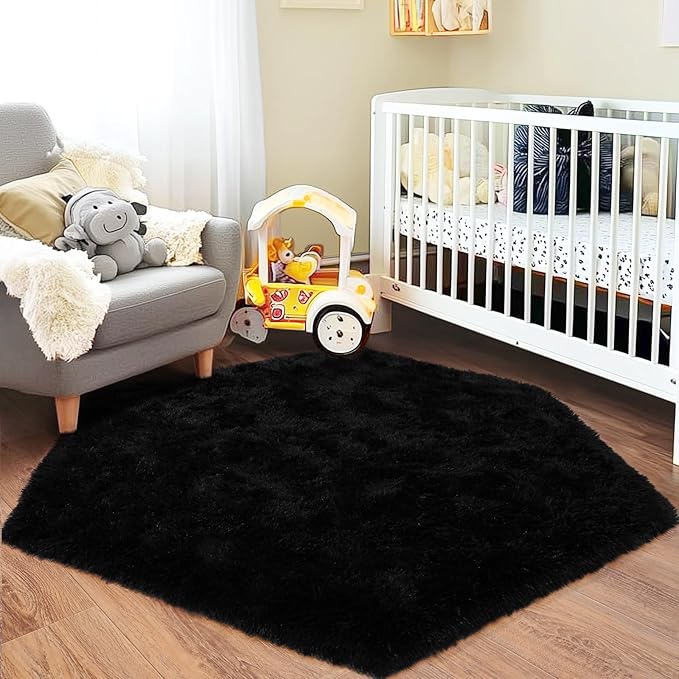 4x4.6 Feet Black Hexagon Rugs for Bedroom, Ultra Soft Fluffy Hexagon Area Rug for Kids Room, Cute Shag Rugs for Boys Girls Room, Fuzzy Plush Carpet for Tent Castle Home Decor