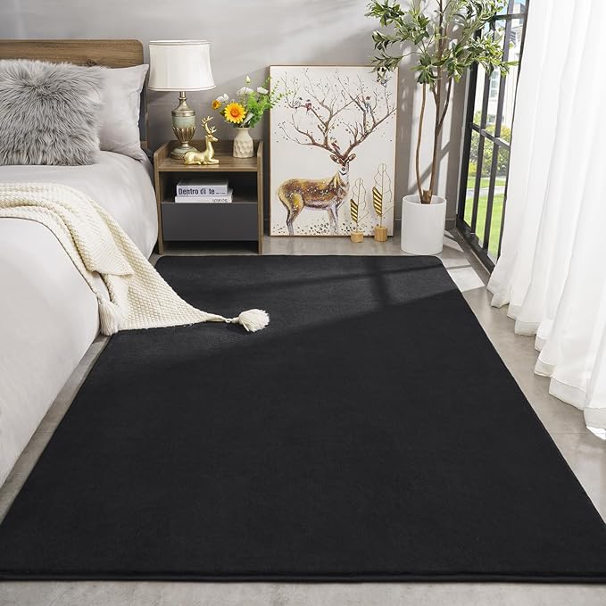 Amearea Modern Area Rugs for Bedroom Living Room, 4x6 Feet Black Thickened Memory Foam Rug, Fluffy Indoor Washable Rugs Non Slip Minimalist Carpet for Kids Boys Girls Dorm Nursery Room Decor