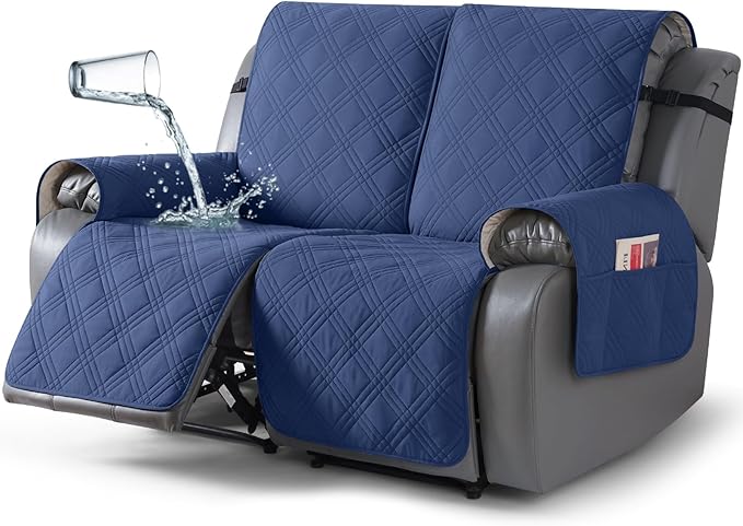 TAOCOCO 100% Waterproof Loveseat Recliner Covers 2 Seater, Split Loveseat Covers for Reclining loveseat, Non Slip Reclining Couch Cover with Double Straps for Kids, Pets(2 Seater, Ocean Blue)