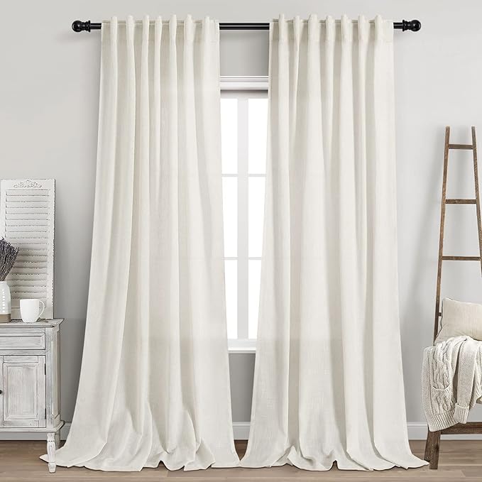 2 Panels Set Cream Linen Curtains 105 inches Long for Living Room Extra Long Back Tab Curtains Neutral Farmhouse Light Filtering Semi Sheer Linen Drapes Ceiling to Floor for Large Window Ivory