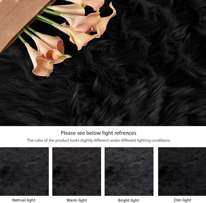 ORINOVA Black Shag Faux Fur 4x6 Area Rugs for Bedroom Washable Fuzzy Sheepskin Fur Rug for Living Room Nursery Rug