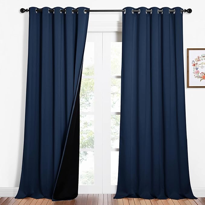 NICETOWN 100% Blackout Blinds, Laundry Room Decor Window Treatment Curtains, Thermal Insulated Energy Smart Drapes and Draperies for Villa, Hall and Studio, Navy Blue, Set of 2, 62 inches x 95 inches