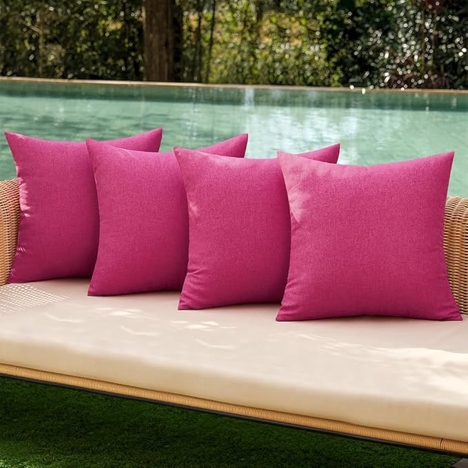 MIULEE Pack of 4 Decorative Outdoor Throw Pillow Covers Linen Waterproof Pillow Covers Farmhouse Cushion Cases for Patio Garden Tent Balcony Couch Sofa 18x18 inch Hot Pink