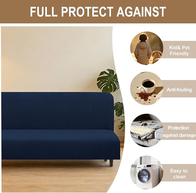 U-NICE HOME Stretch Futon Cover Armless Bed Slipcover - Soft Jacquard Fabric Washable for Pet Friendly, Navy