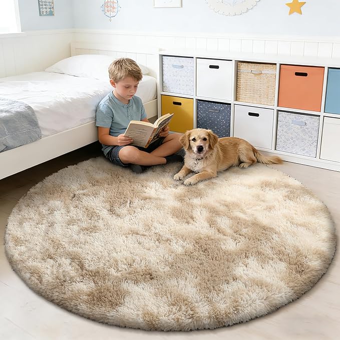 Tie-Dyed Beige Fluffy Round Rug,Soft Area Rugs for Girls Room,Shaggy Rugs 4'X4' for Living Room,Non Slip Circle Rug for Kids Bedroom,Shag Plush Nursery Carpets,Fuzzy Rug for Dorm,Room Decor Carpet