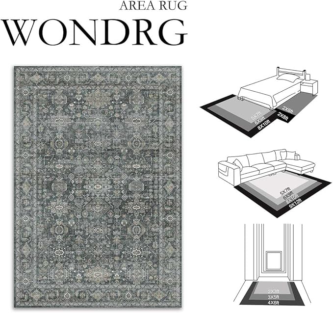 6x9 Washable Area Rug for Living Room Bedroom Vintage Black Grey Carpet Soft Low Pile Traditional Retro Non Slip Throw Rug for Dining Room Entryway Indoor Dorm Kitchen