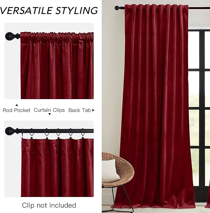 RYB HOME Red Velvet Curtains 84 inches- Room Darkening Curtains Heavy Duty Christmas Backdrops Window Drapes for Living Room Stage Party Decor, Width 52 x Length 96 inch, Red, 2 Panels