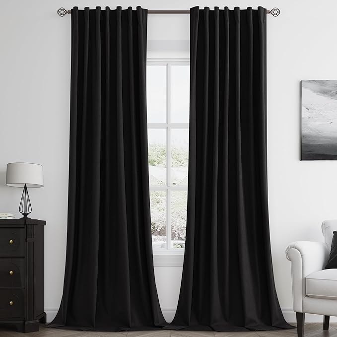 Guken Black 100% Blackout Curtains 90 Inch Length 2 Panels Set for Living Room Bedroom Back Tab Thermal Insulated Black Out Linen Drapes Room Darkening Window Curtains 90 Inches Long