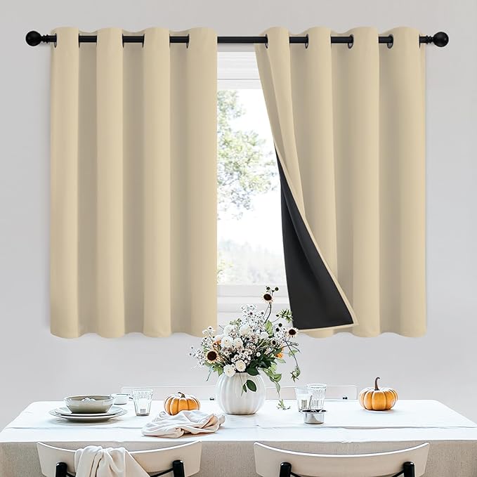 SimpleHome 100% Blackout Curtains for Bedroom,Thermal Insulated Beige Grommet Window Drapes Room Darkening Curtains for Living Room with Black Back,52 x 36 Inch,2 Panels