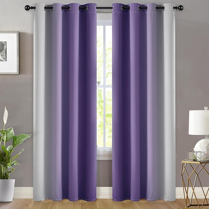 Yakamok Greyish White and Lavender Purple Ombre Curtains,Light Blocking Curtains,Room Darkening Grommet Window Drapes for Bedroom(Lavender Purple,52x84 Inch,2 Panels)