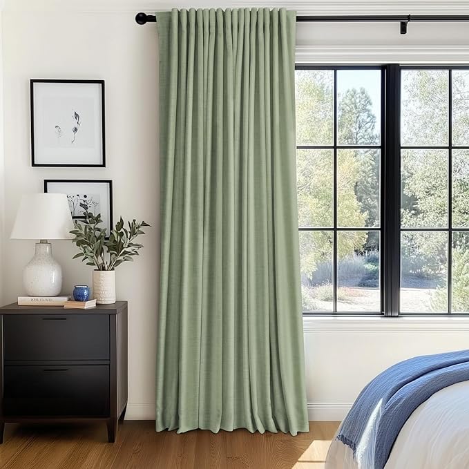 100% Blackout Shield Linen Blackout Curtains for Bedroom 96 Inches Long, Back Tab/Rod Pocket Living Room Drapes, Thermal Insulated Blackout Curtains 1 Panel Set, 100" W x 96" L, Sage