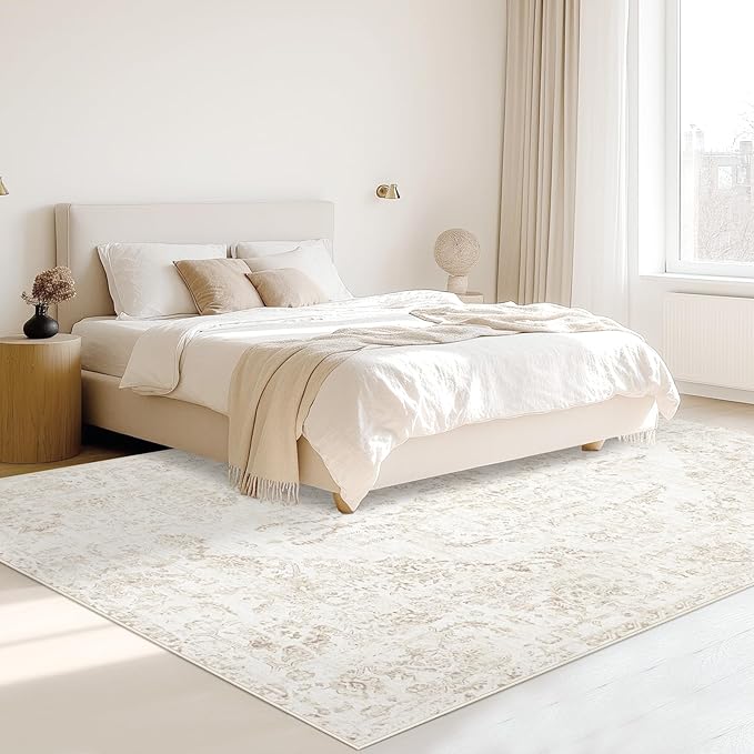 5x7 Area Rugs for Living Room: Washable Rug Vintage Large Rugs Soft Non Slip Low Pile Rug Floral Distressed Floor Carpet for Bedroom Kitchen Nursery Dining Room Home Office (Beige, 5'x7')