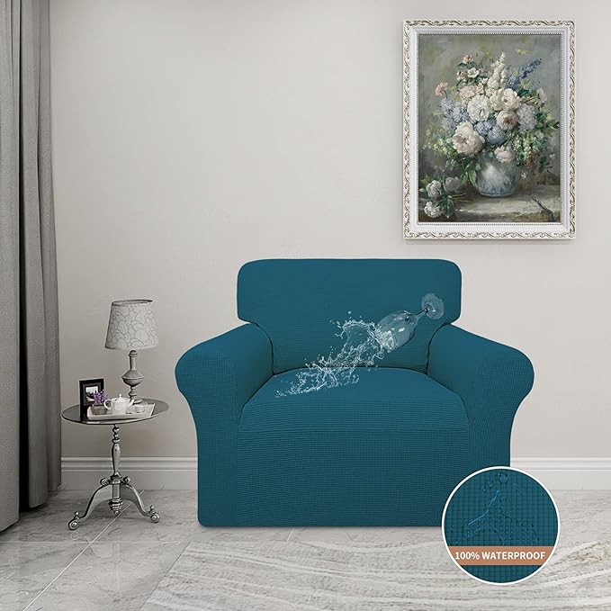 Easy-Going 100% Waterproof Chair Couch Cover, Dual Waterproof Sofa Cover, Stretch Jacquard Sofa Slipcover, Leakproof Furniture Protector for Kids, Pets, Dog and Cat (Chair, Peacock Blue)