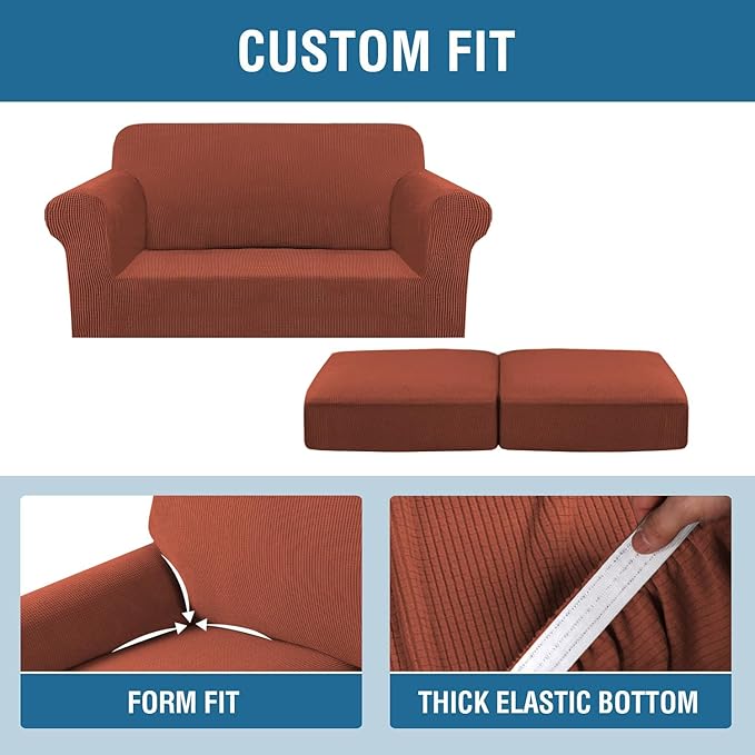 H.VERSAILTEX 3 Piece Stretch Sofa Covers for 2 Cushion Loveseat Couch Covers for Living Room Sofa Slipcovers (Base Cover Plus 2 Seat Cushion Covers) Thicker Jacquard Fabric(Medium Sofa, Rust)