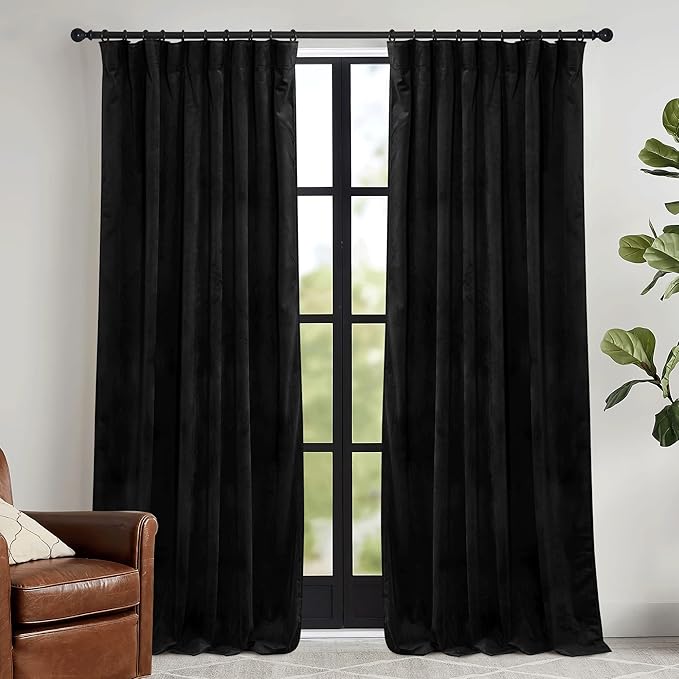RYB HOME Black Velvet Curtains 84 inch, Blackout Window Curtains with Pleat Tape on Top for Bedroom Thermal Insulated Privacy Room Darkening Drapes for Living Room, W52 x L84 inch, 2 Panels