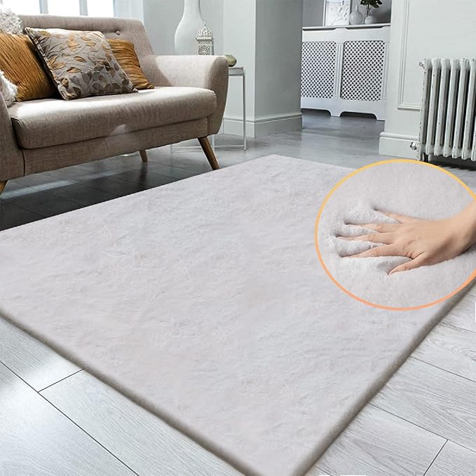 ORINOVA Faux Fuzzy Machine Washable Bunny Fur Area Rugs for Living Room Grey Fluffy Rug for Bedroom Sheepskin Rug 4x6 Rectangle Nursery