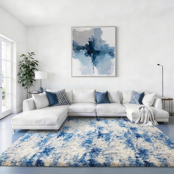 Ophanie Blue White and Grey Area Rugs for Living Room 6x9, Fluffy Shag Large Fuzzy Plush Soft Carpets, Floor Shaggy Rugs for Bedroom, Carpet for Kids Boys Girls Dorm Nursery Home Decor Aesthetic