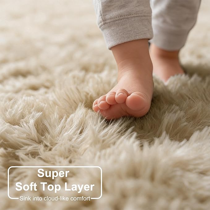 Amdrebio Beige Round Area Rug 4Ft for Bedroom, Boho Fluffy Plush Shag Furry Circle Rugs for Kids Room, Living Room Decor Aesthetic, Cute Shaggy Fuzzy Neutral Carpet for Nursery Preppy Dorm Baby Teens