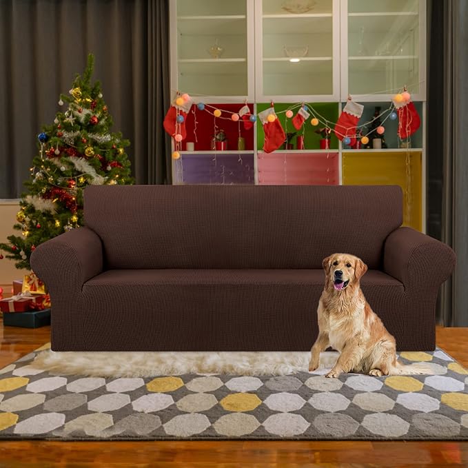 KEKUOU Stretch Sofa Cover Slipcover ，Couch Covers for 3 Cushion Couch Sofa pet Friendly (78"-94") Furniture Protector Sofa with Elastic Bottom for Kids,Dog, Jacquard Small Checked(Large,Chocolate)
