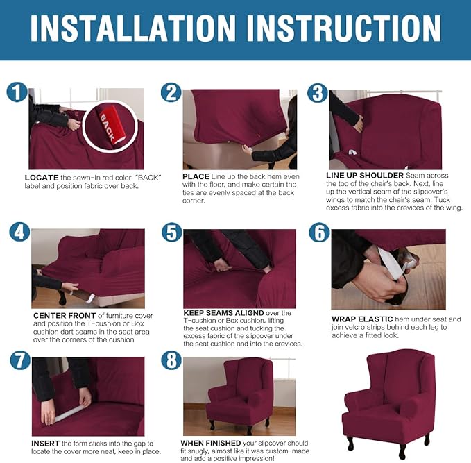 H.VERSAILTEX Wingback Chair Covers Velvet Plush Wing Chair Slipcover 1 Piece High Stretch Wing Back Chair Slipcovers Sofa Cover Furniture Cover with Elastic Bottom, Burgundy