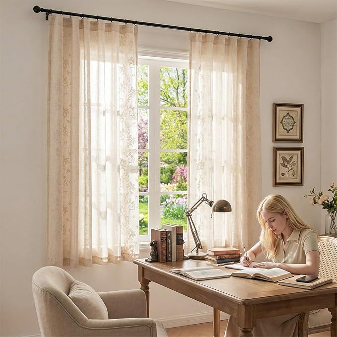 jinchan Evelyn Embroidered Linen Curtains 63 inch Floral Curtains for Living Room Bedroom Farmhouse Cottagecore Semi Sheer Light Filtering Window Drapes Rod Pocket Back Tab 2 Panels W50 x L63 Ivory
