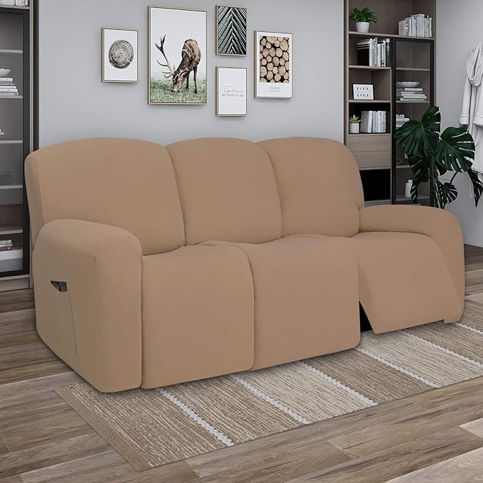 PureFit Super Stretch 3 Seats Recliner Chair Sofa Couch Cover with Pocket – Non Slip Soft Sofa Slipcover, Washable Spandex Reclining Furniture Protector for Kids, Pets (Recliner Sofa, Camel)
