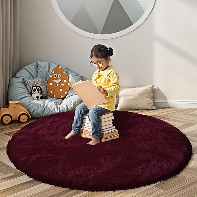 Super Soft Circle Rugs for Girls Princess Castle Toddlers Play Tent 5 Diameter Circular Area Rugs for Kids Bedroom Baby Room Decor Round Shag Playhouse Carpets(Φ5, Burgundy)