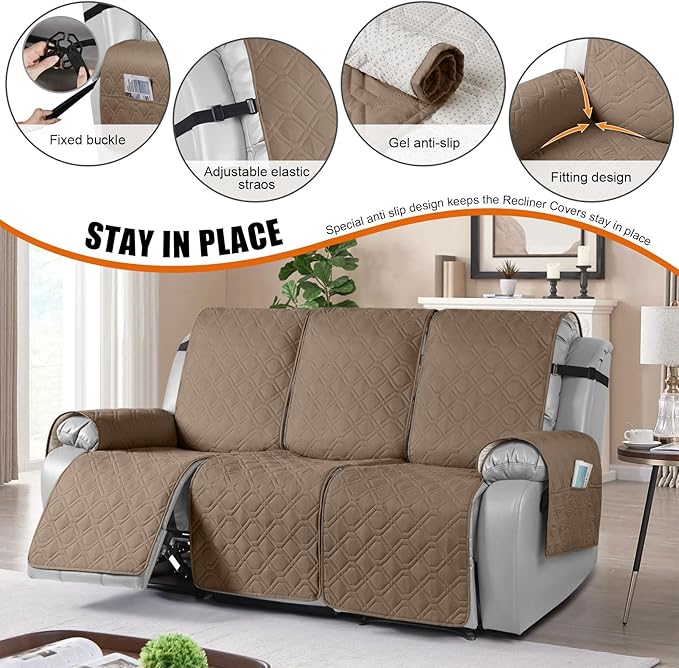 VANSOFY Waterproof Recliner Couch Covers, Sofa Covers 1-Piece Washable Reclining Sofa Cover Non-Slip Furniture Protector with Elastic Straps Pocket for Dogs, Pets(Light Brown,3 Seater)